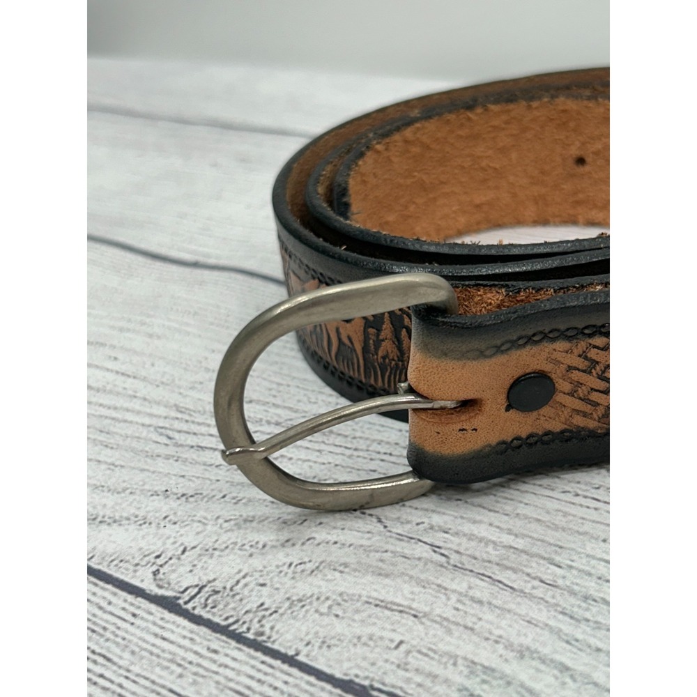 Vintage Tooled Full-Grain Cowhide 4503 Brown‎ Deer Leather Western Belt 45" - Picture 4 of 7